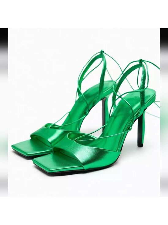 Zara Shoes - NWOT Zara Metallic Green Lace-up Leather Sandals, Size 7.5